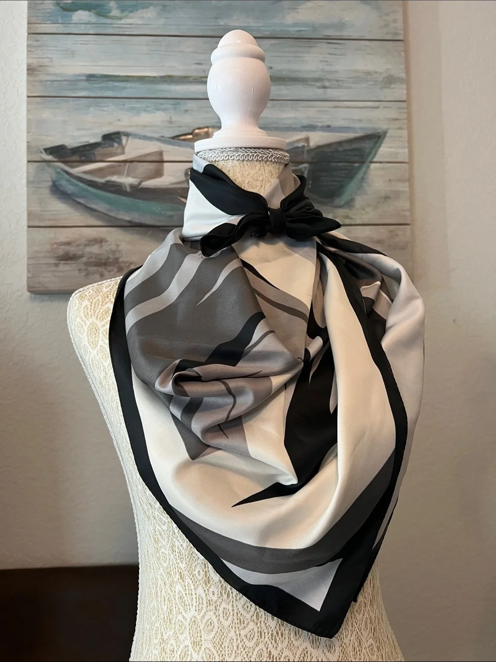 Silk-Look Black and Cream Printed Square Scarf - 36”
